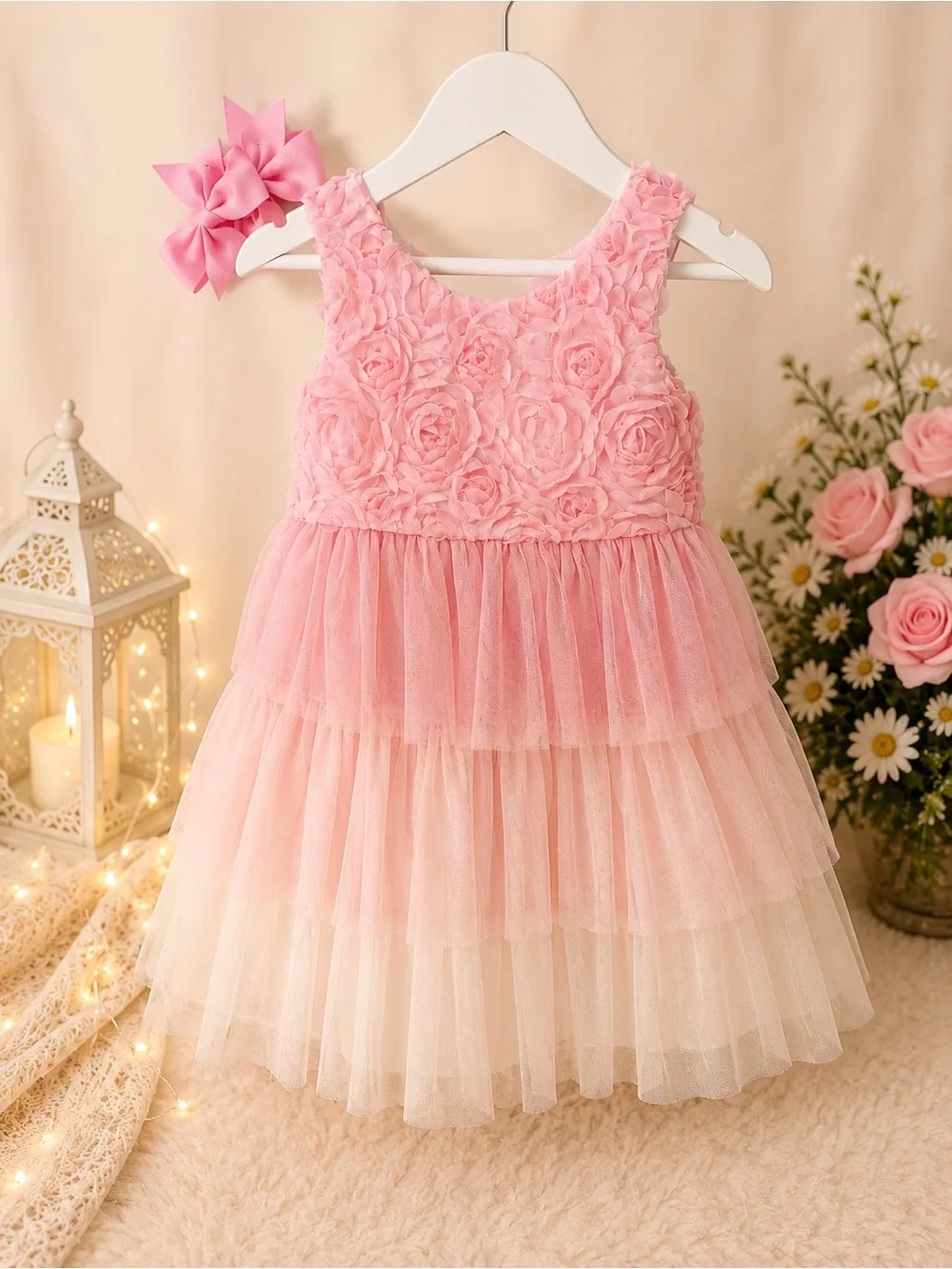 Bonnie Jean Girls 3T Pink Rosette Tulle Party Dress + 2 Bows